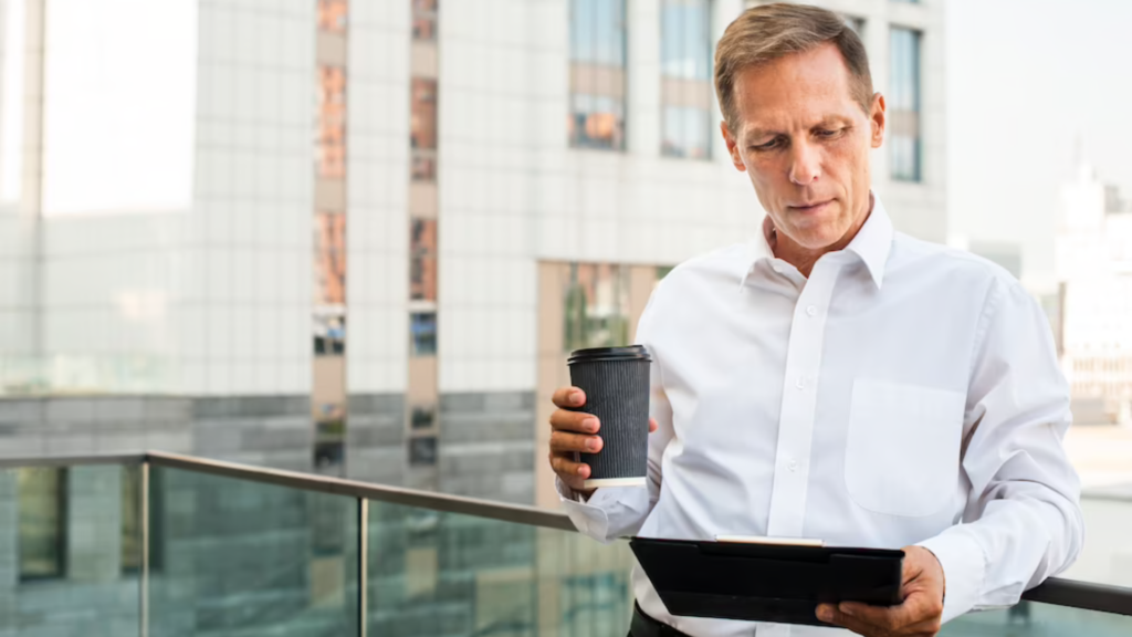 homem 40+ tomando decisão em seu tablet segurando um copo de café