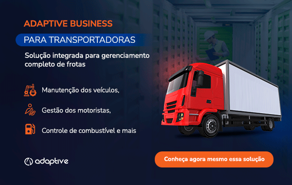 Arte para divulgar a Adaptive Business para transportadoras. Na imagem temos um caminhão e está escrito; solução integrada para gerenciamento completo de frotas